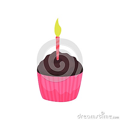 Birthday cupcake or muffin with burning candle. Tasty chocolate dessert. Cartoon icon in flat style. Colorful vector Vector Illustration