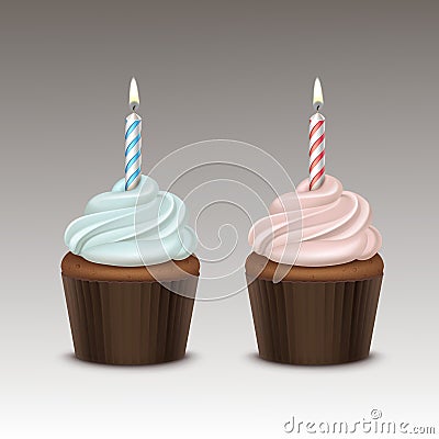 Birthday Cupcake with Whipped Cream and One Candle Vector Illustration