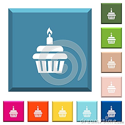 Birthday cupcake white icons on edged square buttons Stock Photo