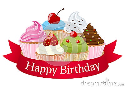 Birthday Cupcakes & Red Ribbon Vector Illustration