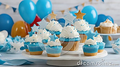 birthday cupcakes with star stars A birthday party with blue cupcakes on a cupcake stand. The cupcakes have white frosting Stock Photo