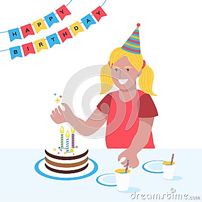 Birthday Cute Girl. Happy Smiling Greeting Card. Birthday party. Sweet cake. Vector Illustration