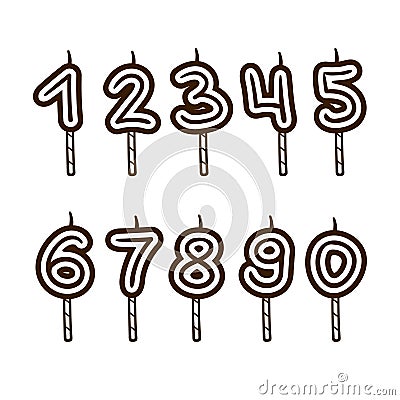 Hand drawn numbers to decorate the cake. Birthday candles clipart in doodle style. Vector Illustration