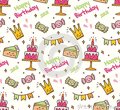 Birthday doodle seamless background with kawaii birthday stuff Stock Photo