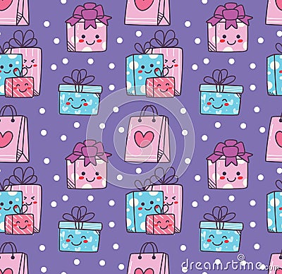 Birthday doodle seamless background with kawaii gift box Stock Photo