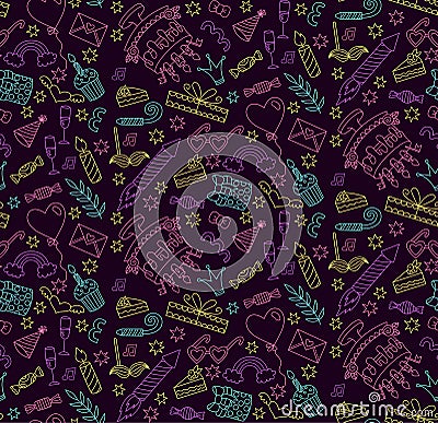 Birthday doodles cute line seamless vector pattern Vector Illustration