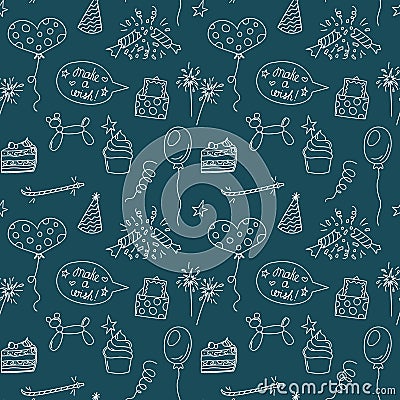 Birthday doodles pattern. Seamless vector background with bday elements. Cute kid pattern Vector Illustration