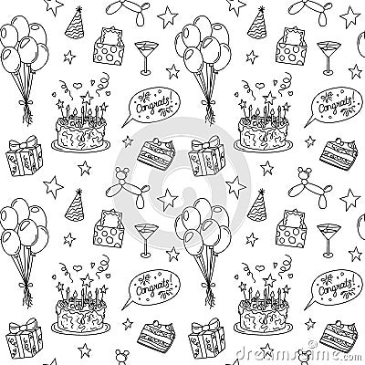 Birthday doodles pattern. Seamless vector black and white background with bday funny doodle elements. Hand drawn repeat Vector Illustration