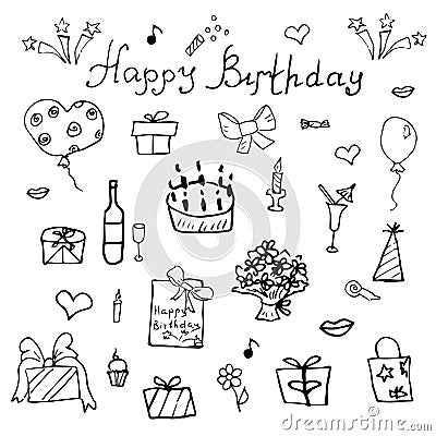 Birthday elements. Hand drawn set with birthday cake, balloons, gift and festive attributes. Children drawing doodle collection Vector Illustration