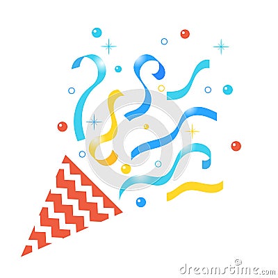 Birthday exploding party with star, ribbons, striped paper. Exploding popper with serpantin Vector Illustration