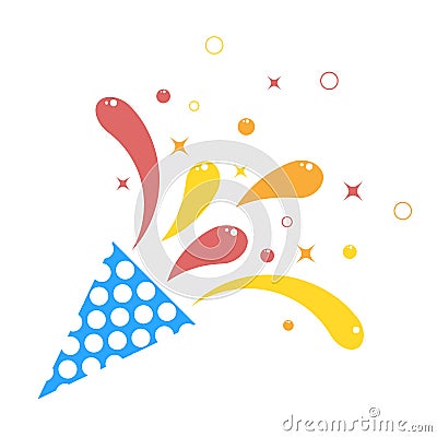 Birthday exploding party with star, ribbons, striped paper. Exploding popper with serpantin Vector Illustration