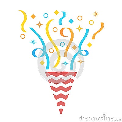 Birthday exploding party with star, ribbons, striped paper. Exploding popper with serpantin Vector Illustration