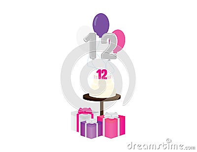 Girl 12th birthday vector illustration. birthday cake, balloons and gift box Vector Illustration