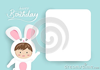 Birthday greeting card, adorable bunny kid mascot with tag text, cute cartoon using for children celebrate invitation vector Vector Illustration