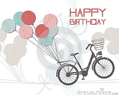 Birthday greeting card with balloons and bicycle Vector Illustration