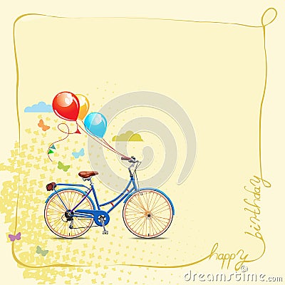 Birthday greeting card in cartoon style with bicycle and balloons. Vector illustration. Vector Illustration