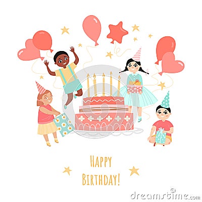 Birthday greeting card with cheerful children, balloons and cake with candles on a white background Vector Illustration