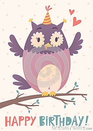 Birthday greeting card with cute owl Vector Illustration