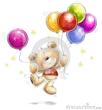 Birthday greeting card. Cute Teddy bear with the colorful balloons and stars. Stock Photo