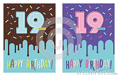Birthday greeting card with cake and 19 candle Vector Illustration