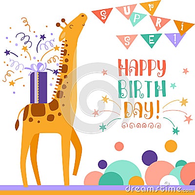 Birthday greeting card with giraffe. Doodle vector illustration Vector Illustration
