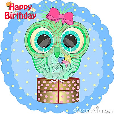 Birthday greeting card with little owl. Vector Illustration