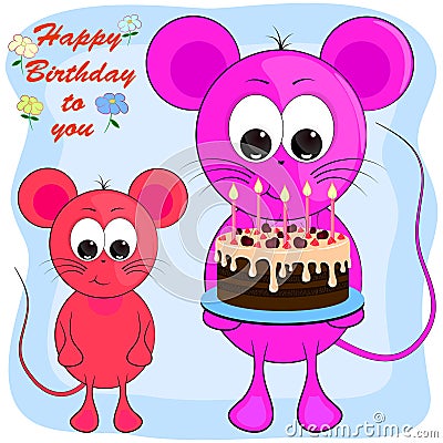 Birthday greeting card with mice. cartoon vector illustration. Vector Illustration