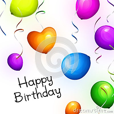 Birthday greeting card with realistic colorful party balloons and streamers. Vector. Vector Illustration