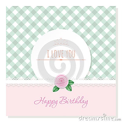 Birthday greeting card template. Round frame on plaid background. Shabby chic design. Vector Illustration