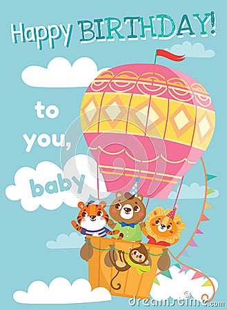 Birthday greeting cards with cute animals. Vector Illustration