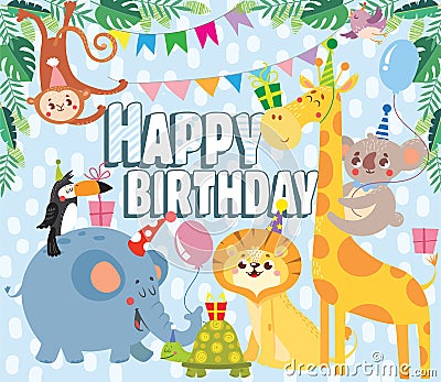 Birthday greeting cards with cute animals. Vector Illustration