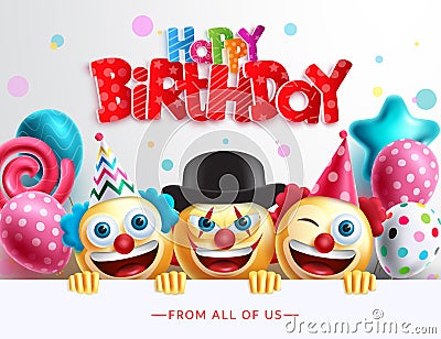 Birthday greeting clowns vector design. Happy birthday typography text in paper cut with funny smiley clown faces and balloons. Cartoon Illustration