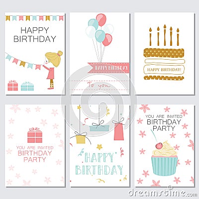 Birthday, greeting and invitation cards with cakes, balloons, gifts and the girl Vector Illustration