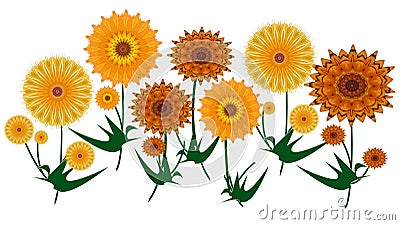 Colorful yellow and orange digital art summer flowers on white Stock Photo