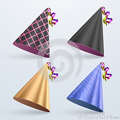 Birthday hat set. Party hat set isolated on a white. Vector fun decoration. Colorful surprise costume. Vector Vector Illustration