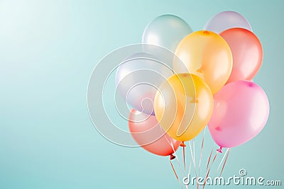 Birthday helium balloon bunch in pink blue and yellow colours on teal background Stock Photo