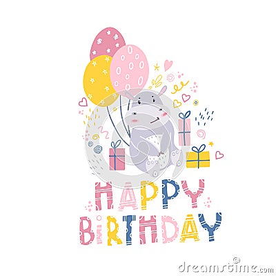 Birthday of the hippo. Children's print on clothes, fabrics with a small hippo, balloons and gifts. Vector Illustration