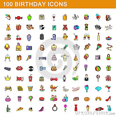 100 birthday icons set, cartoon style Vector Illustration