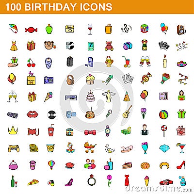 100 birthday icons set, cartoon style Cartoon Illustration