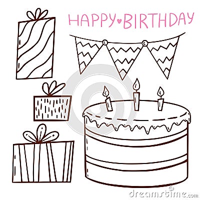 Birthday illustrated outline elements. Presents and cake. Greeting card decoration for birthday. Coloring book decorations Vector Illustration