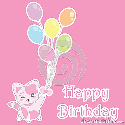 Birthday illustration with cute pink cat bring balloons on pink background Vector Illustration