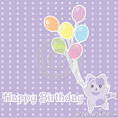Birthday illustration with cute purple cat bring balloons on polka dot background Vector Illustration