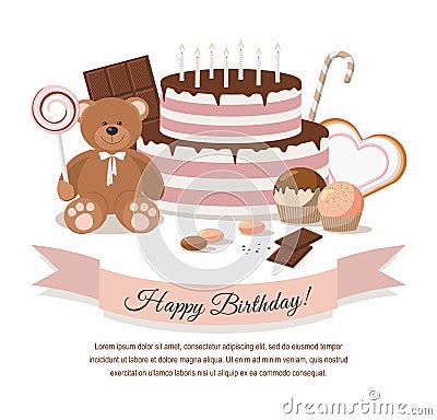 Birthday illustration with teddy bear, birthday cake and chocolate Vector Illustration