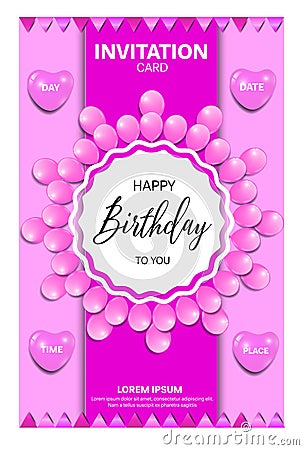 BIRTHDAY INVITATION CARD WITH PINK COLORS Vector Illustration