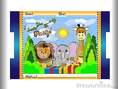 Birthday invitation for children of animals such as elephant, giraffe and lion, along with the sun and clouds so perfect ticket fo Vector Illustration