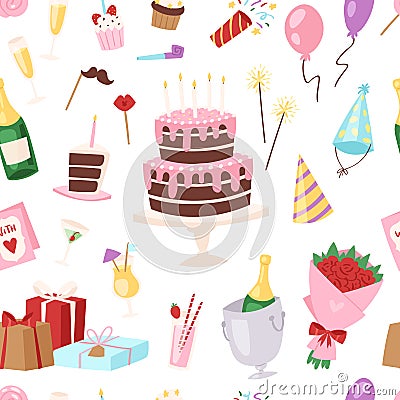 Birthday kids party vector cartoon childs happy birth cake or cupcake celebration with gifts and happy birthday balloons Vector Illustration