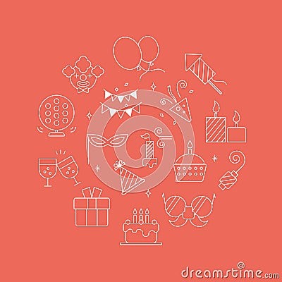 Birthday line icon circle set Vector Illustration