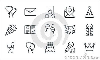 birthday line icons. linear set. quality vector line set such as crown, birthday cake, drink, music, balloon, celebration, Vector Illustration