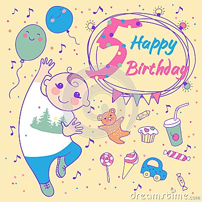 Birthday of the little boy 5 years. Greeting card Vector Illustration