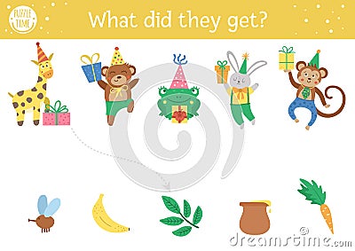 Birthday matching activity for children. Fun puzzle with cute animals in party hats and presents. Holiday celebration educational Vector Illustration